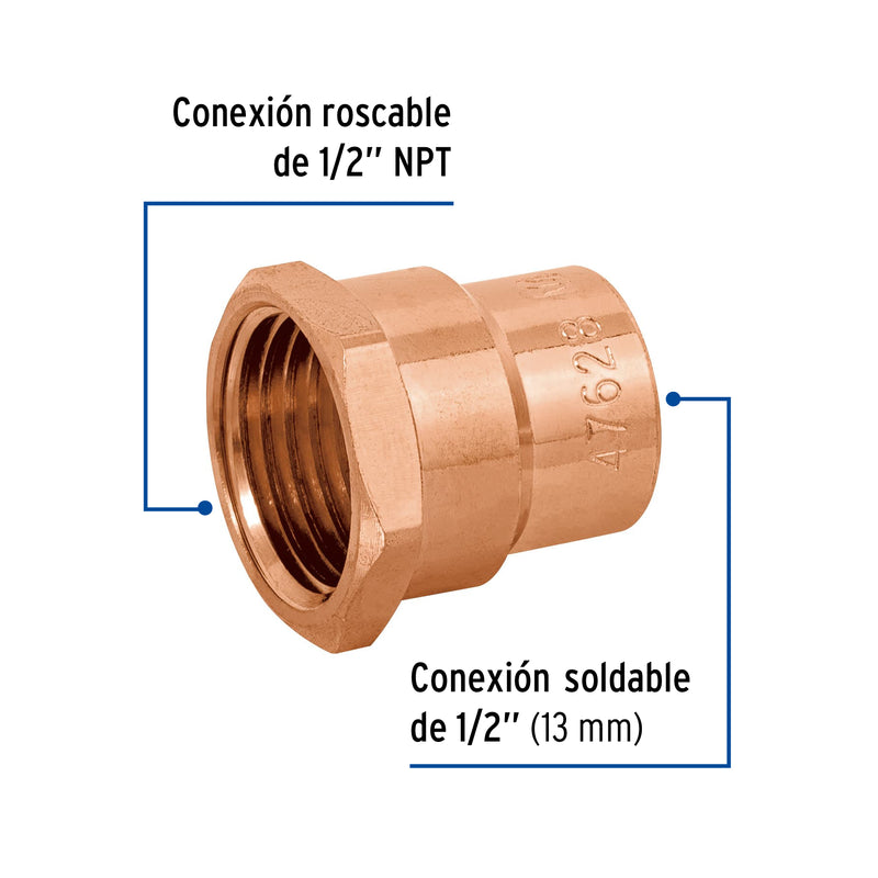 Conector de cobre, rosca interior, 1/2', Basic