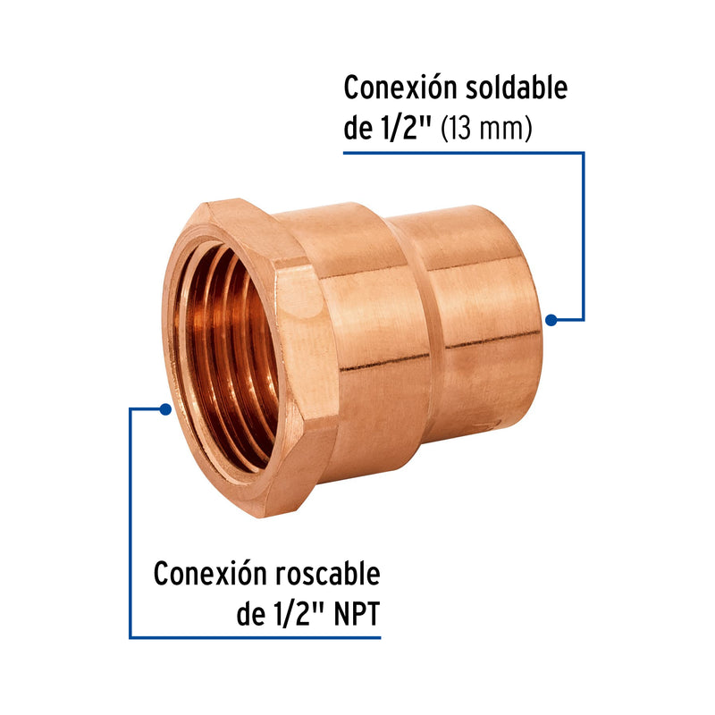 Conector de cobre, rosca interior 1/2"