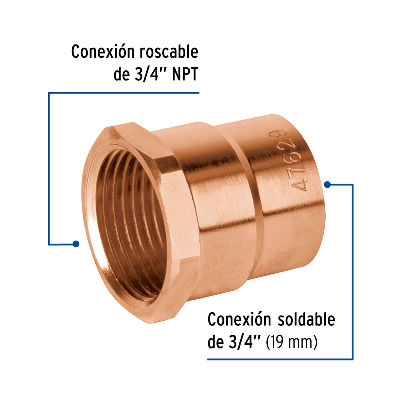 Conector de cobre, rosca interior, 3/4', Basic