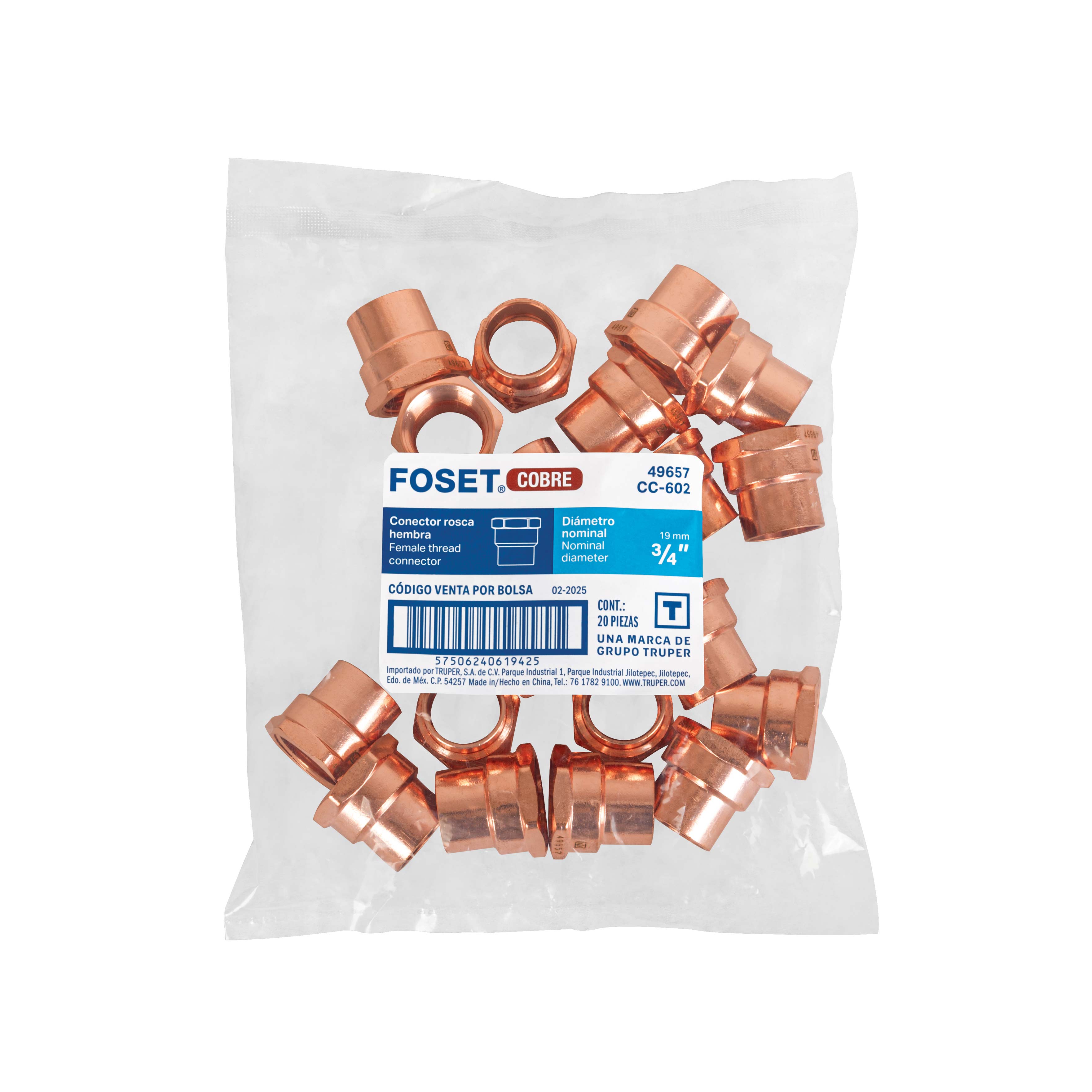 Conector de cobre, rosca interior 3/4"