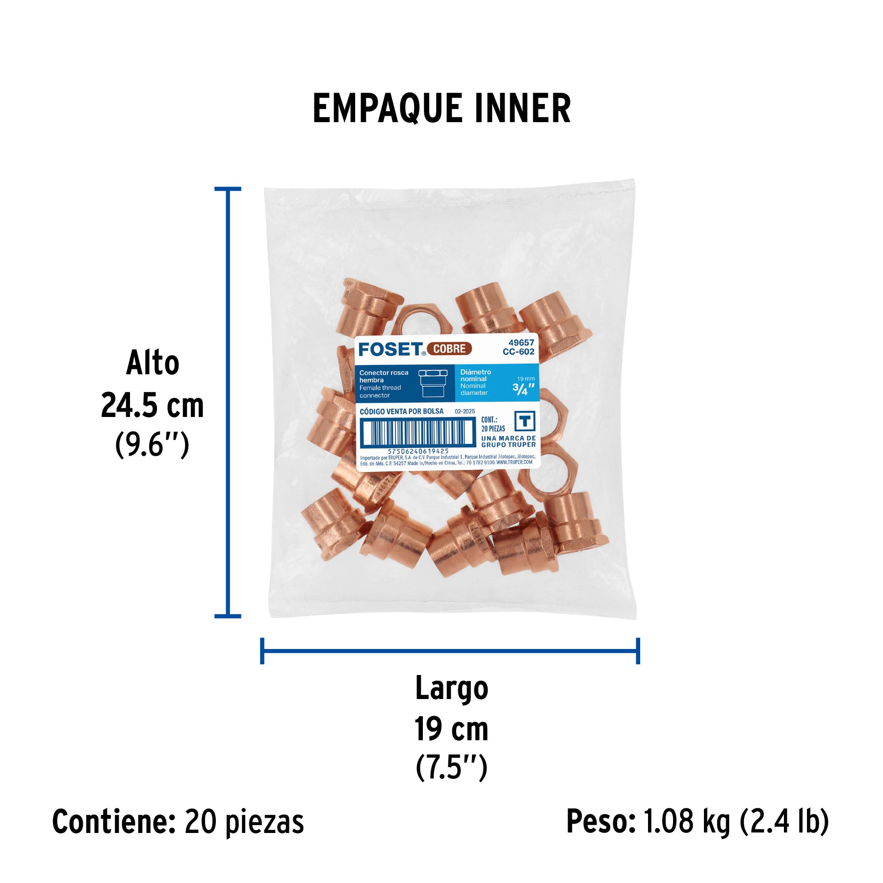 Conector de cobre, rosca interior 3/4"