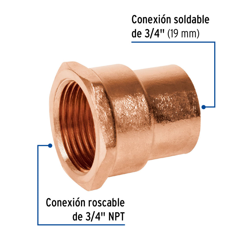 Conector de cobre, rosca interior 3/4"