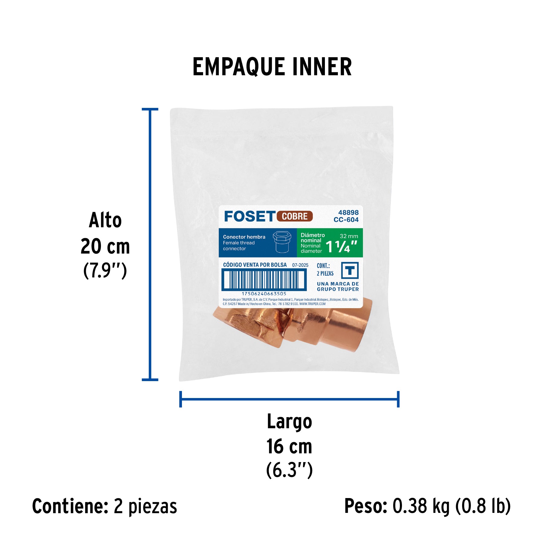 Conector de cobre, rosca interior 1-1/4"