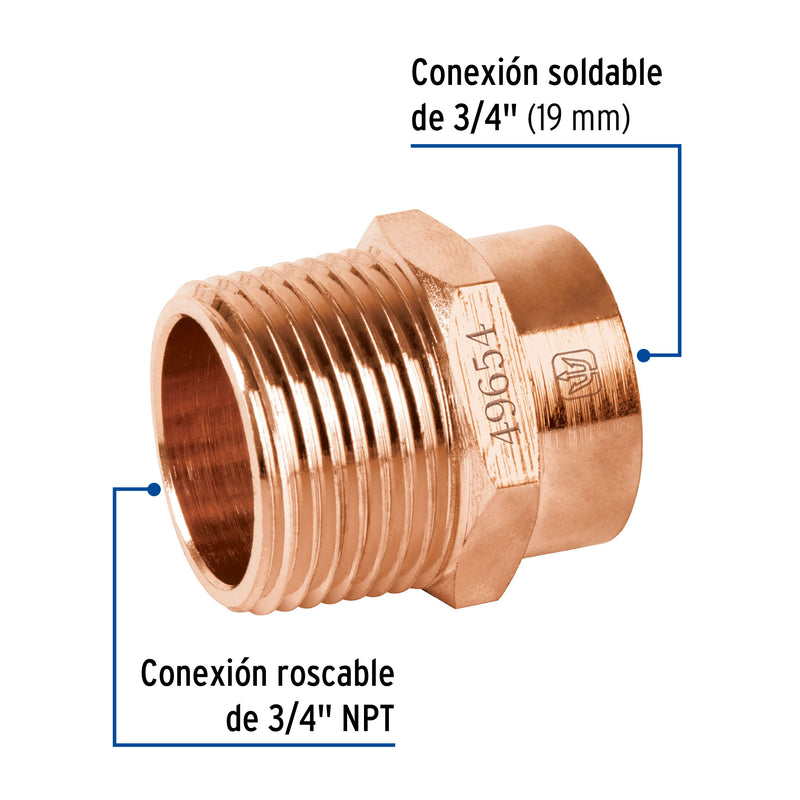 Conector de cobre, rosca exterior 3/4"