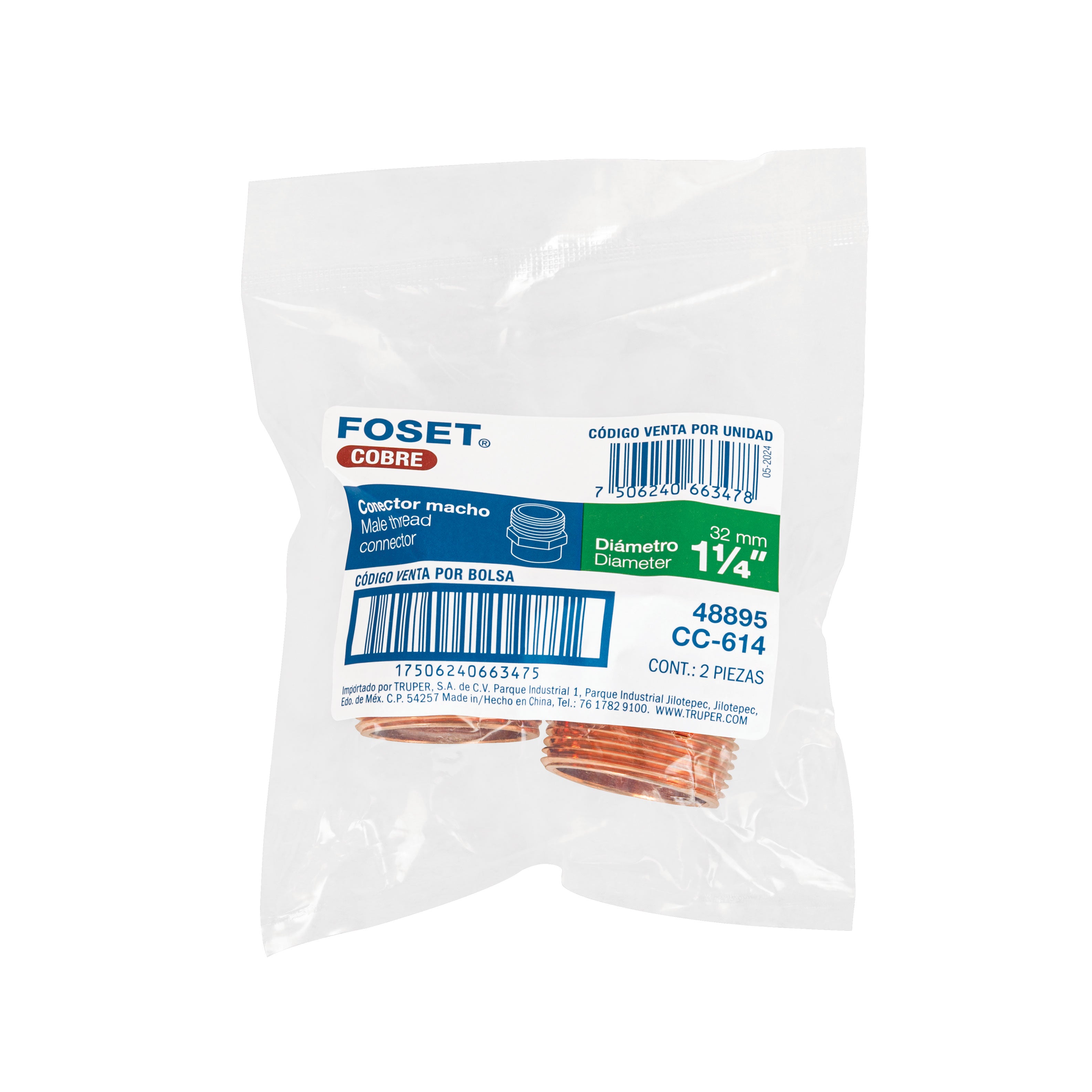 Conector de cobre, rosca exterior 1-1/4"