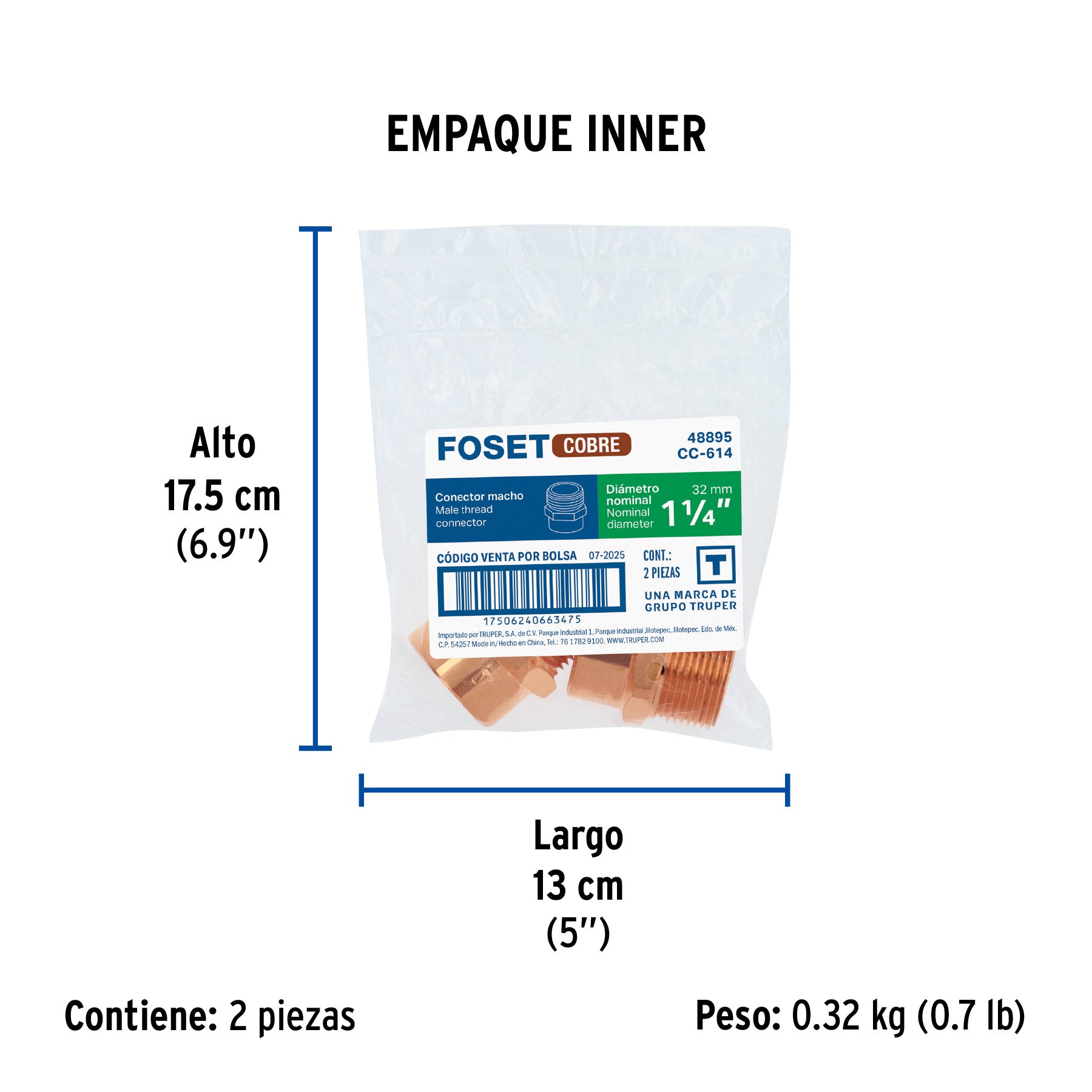 Conector de cobre, rosca exterior 1-1/4"