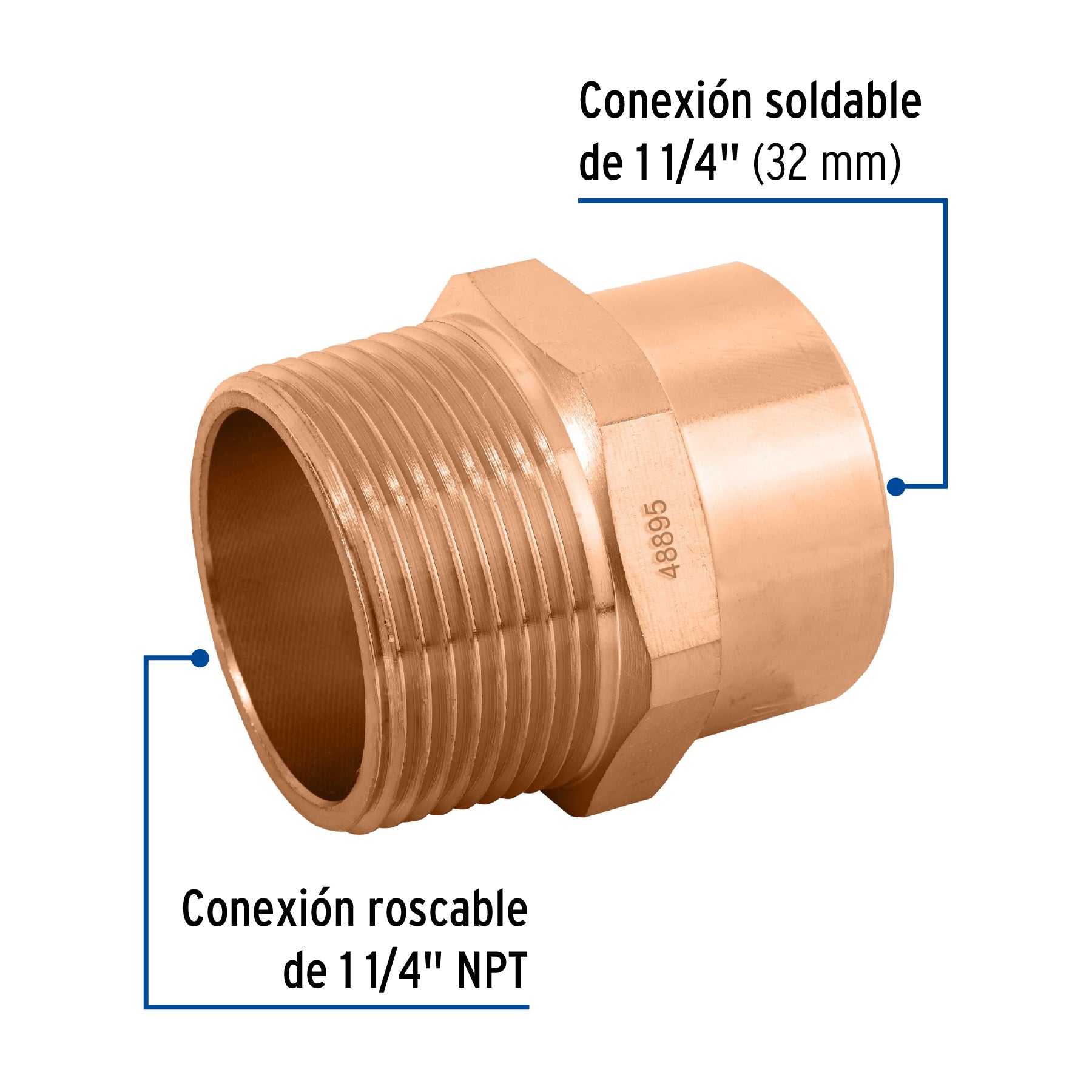 Conector de cobre, rosca exterior 1-1/4"