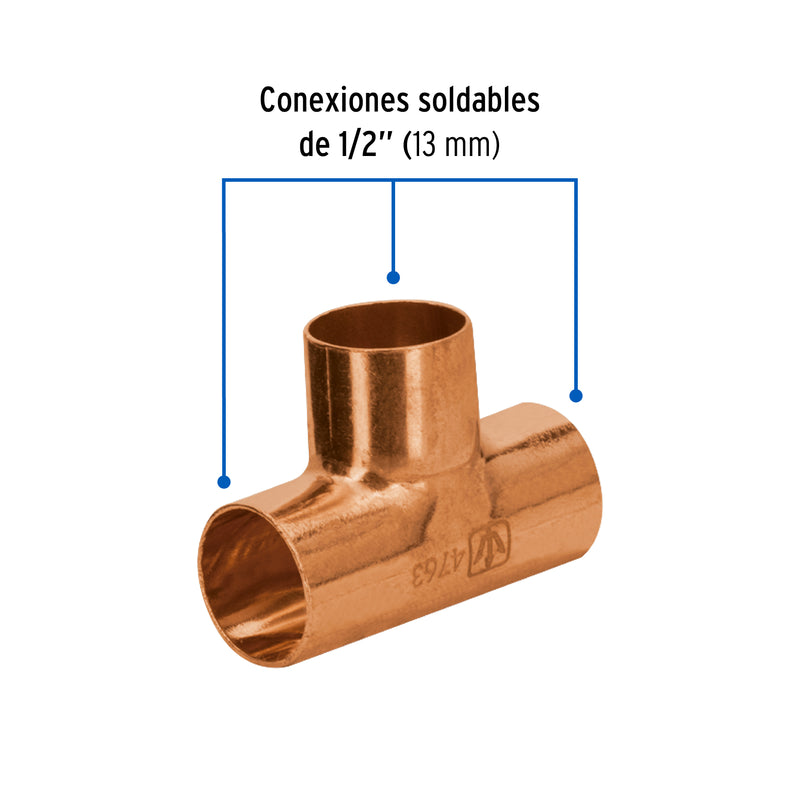 Tee de cobre sencilla, 1/2', Basic