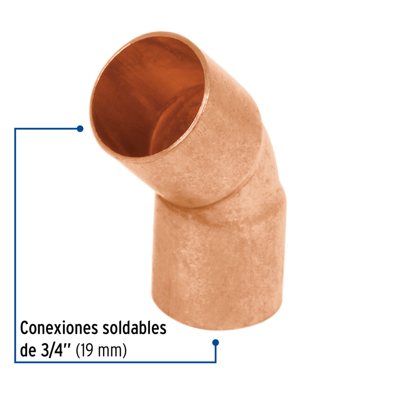 Codo 45° de cobre de 3/4"