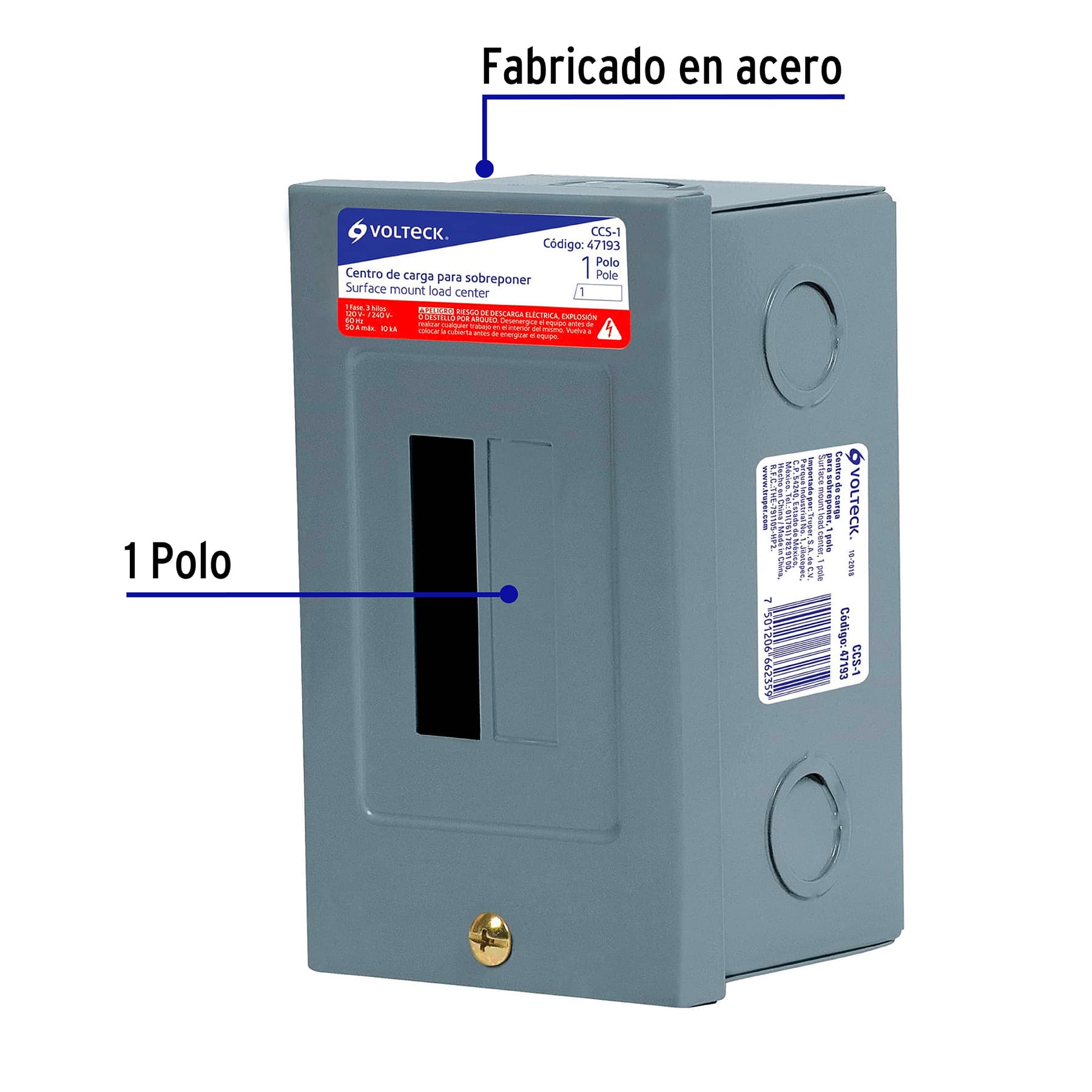 Centro de carga de sobreponer, 1 polo, Volteck