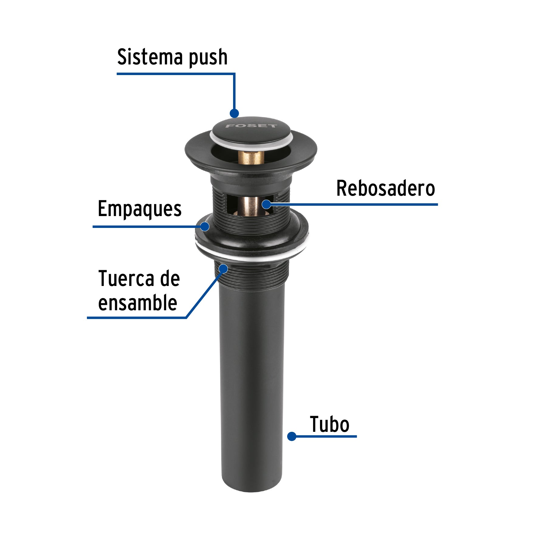 Contra p/lavabo, 1-1/4', con rebosadero, push, latón, negro
