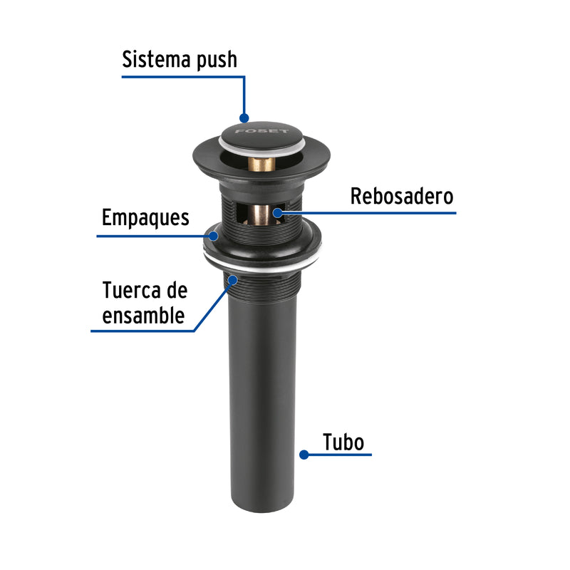 Contra p/lavabo, 1-1/4', con rebosadero, push, latón, negro