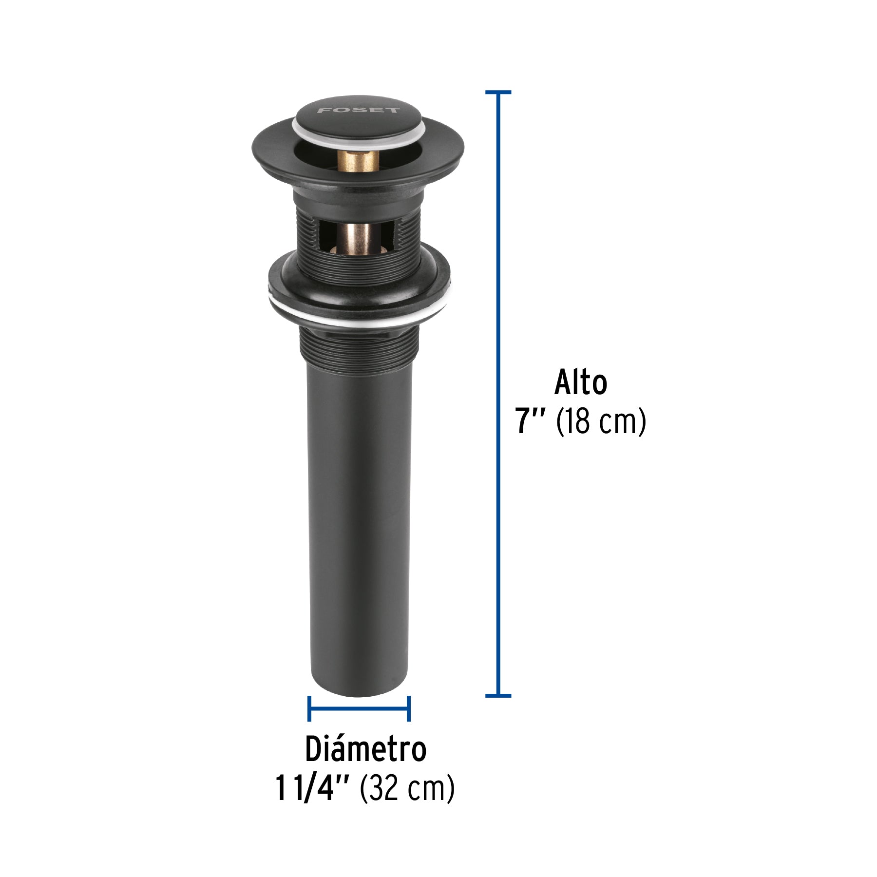 Contra p/lavabo, 1-1/4', con rebosadero, push, latón, negro