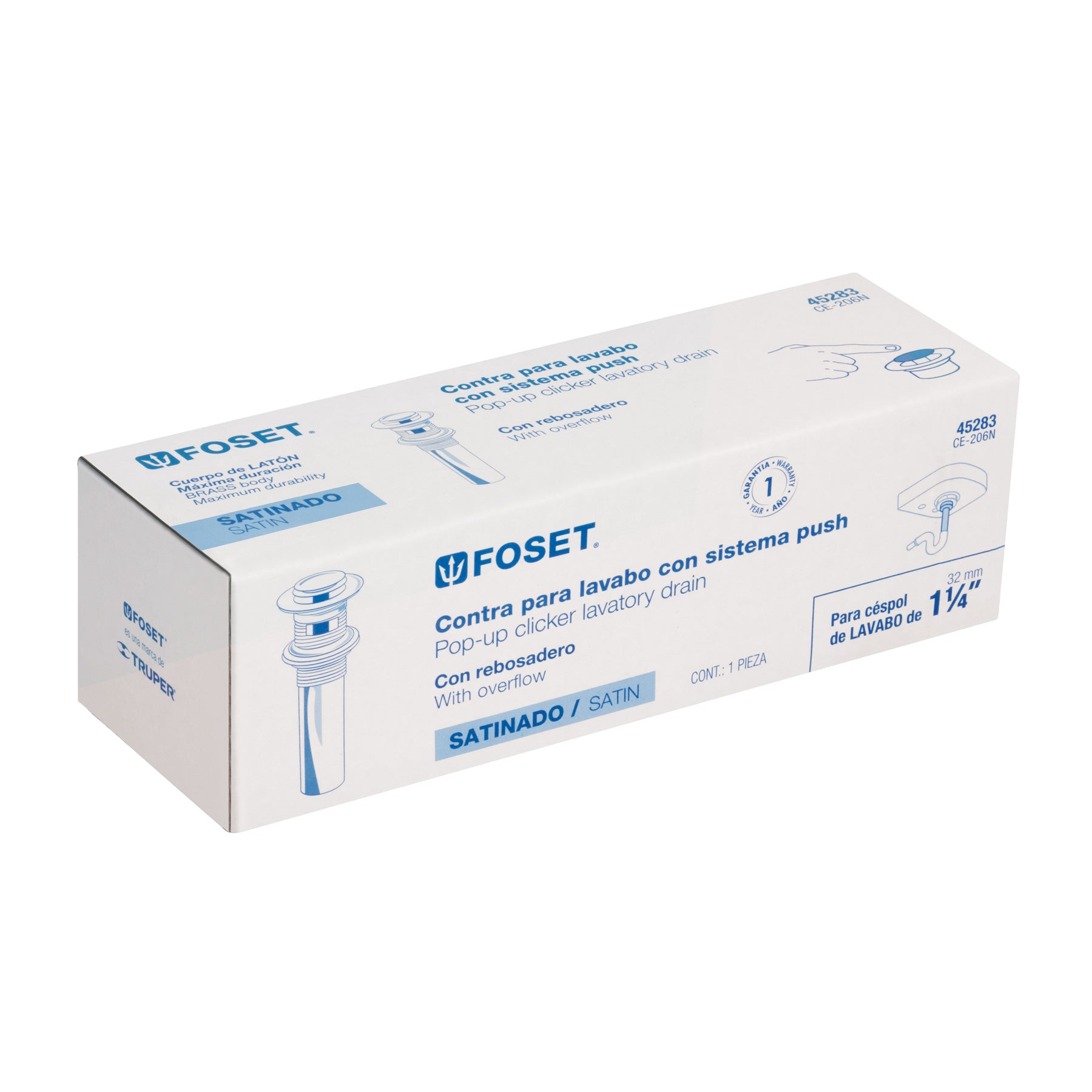 Contra p/lavabo con rebosadero, sistema push, satín, 1-1/4"