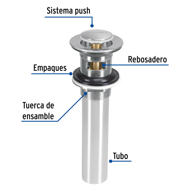 Contra p/lavabo con rebosadero, sistema push, satín, 1-1/4"