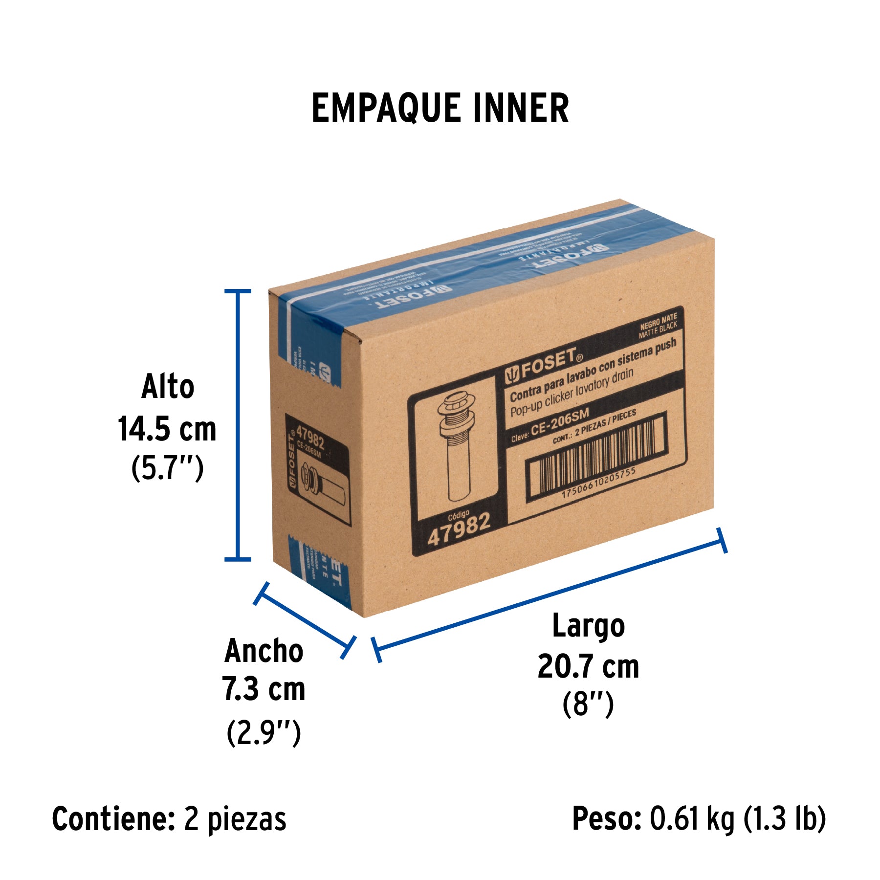 Contra p/lavabo, 1-1/4', sin rebosadero, push, latón, negro