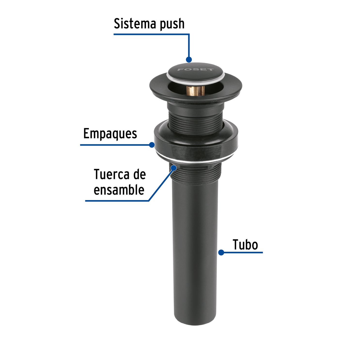 Contra p/lavabo, 1-1/4', sin rebosadero, push, latón, negro
