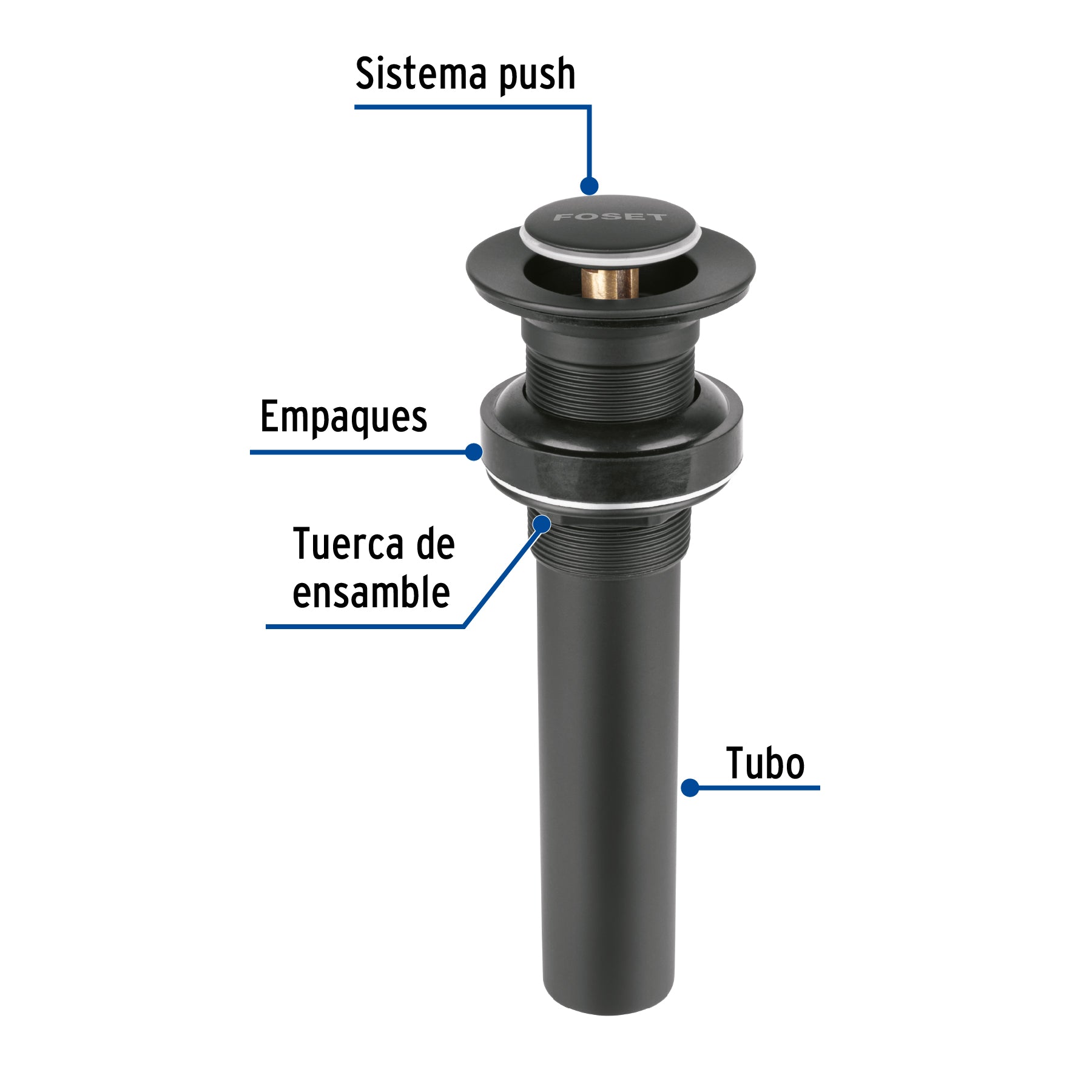 Contra p/lavabo, 1-1/4', sin rebosadero, push, latón, negro