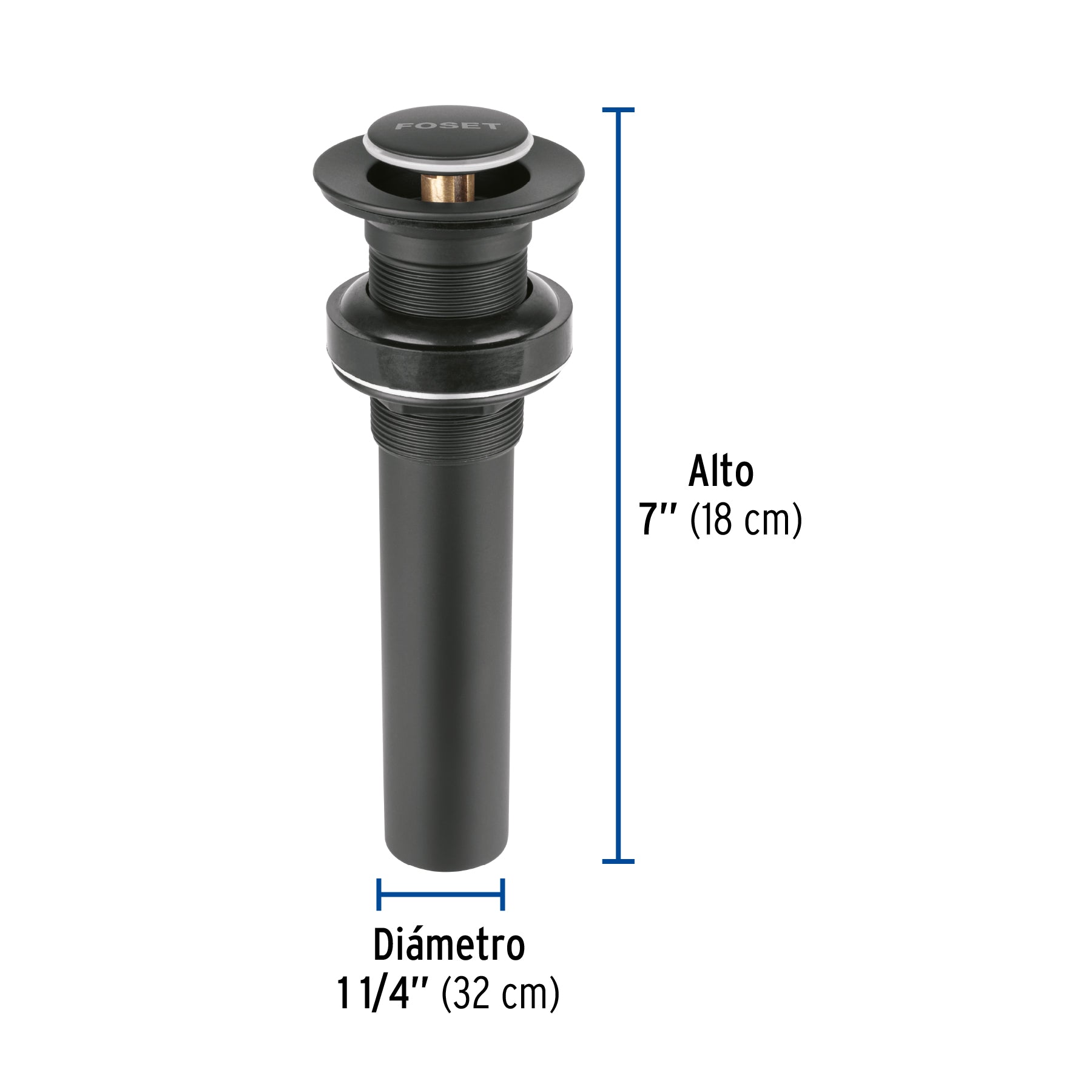 Contra p/lavabo, 1-1/4', sin rebosadero, push, latón, negro