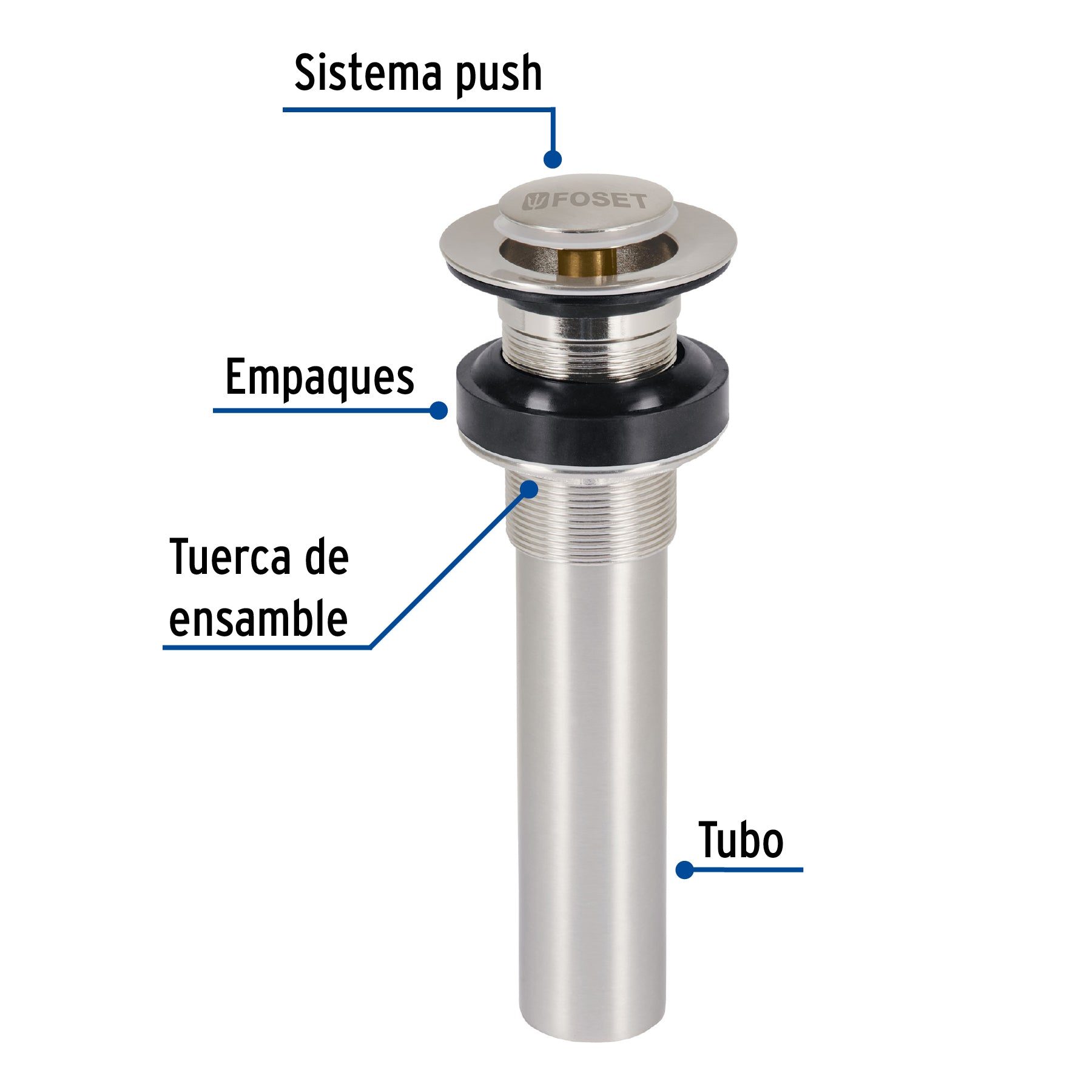 Contra p/lavabo sin rebosadero, sistema push, satín, 1-1/4"