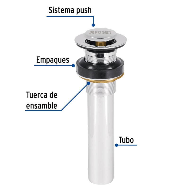 Contra p/lavabo sin rebosadero, sistema push, cromo, 1-1/4"