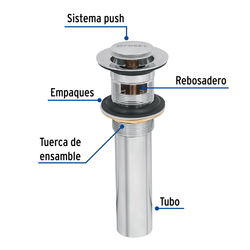Contra p/lavabo con rebosadero, sistema push, cromo, 1-1/4"