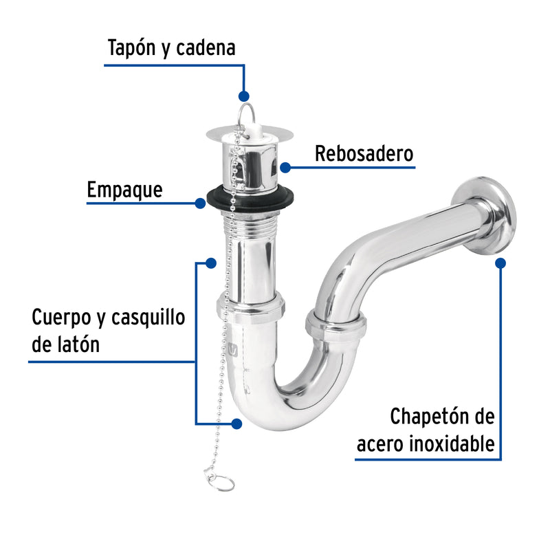 Céspol p/lavabo latón c/contra, tapón y cadena, cromo,1-1/4"
