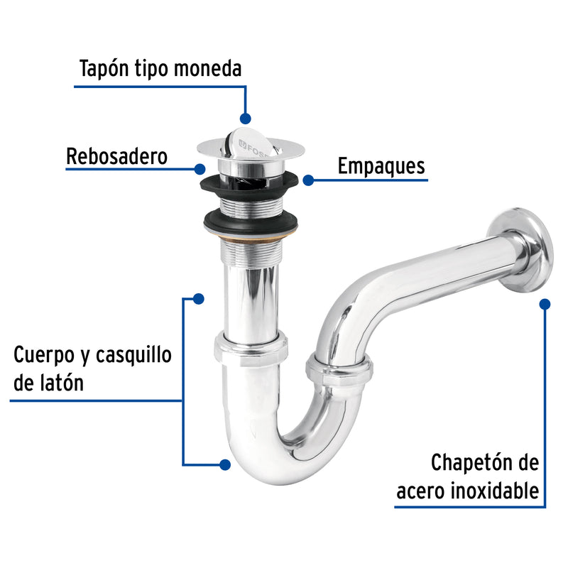 Céspol p/lavabo latón c/contra tipo moneda, cromo, 1-1/4"
