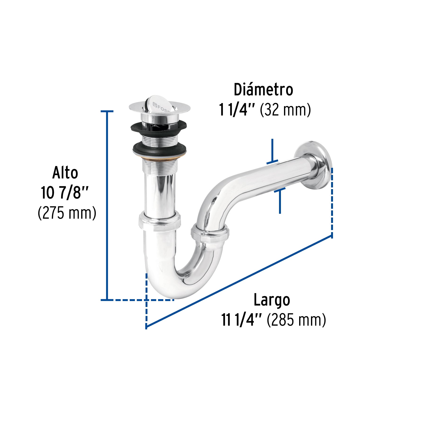 Céspol p/lavabo latón c/contra tipo moneda, cromo, 1-1/4"