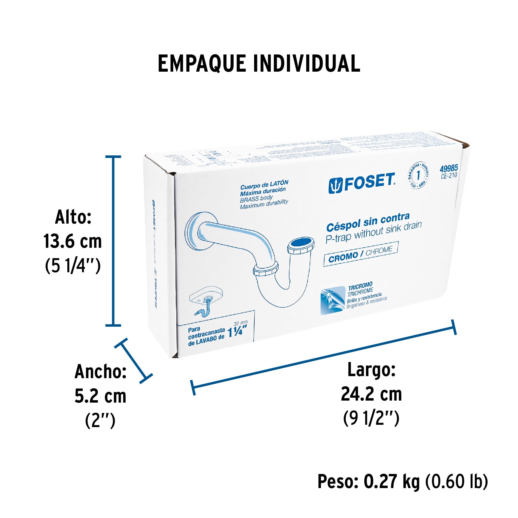 Céspol p/lavabo de latón sin contra, cromo, 1-1/4"