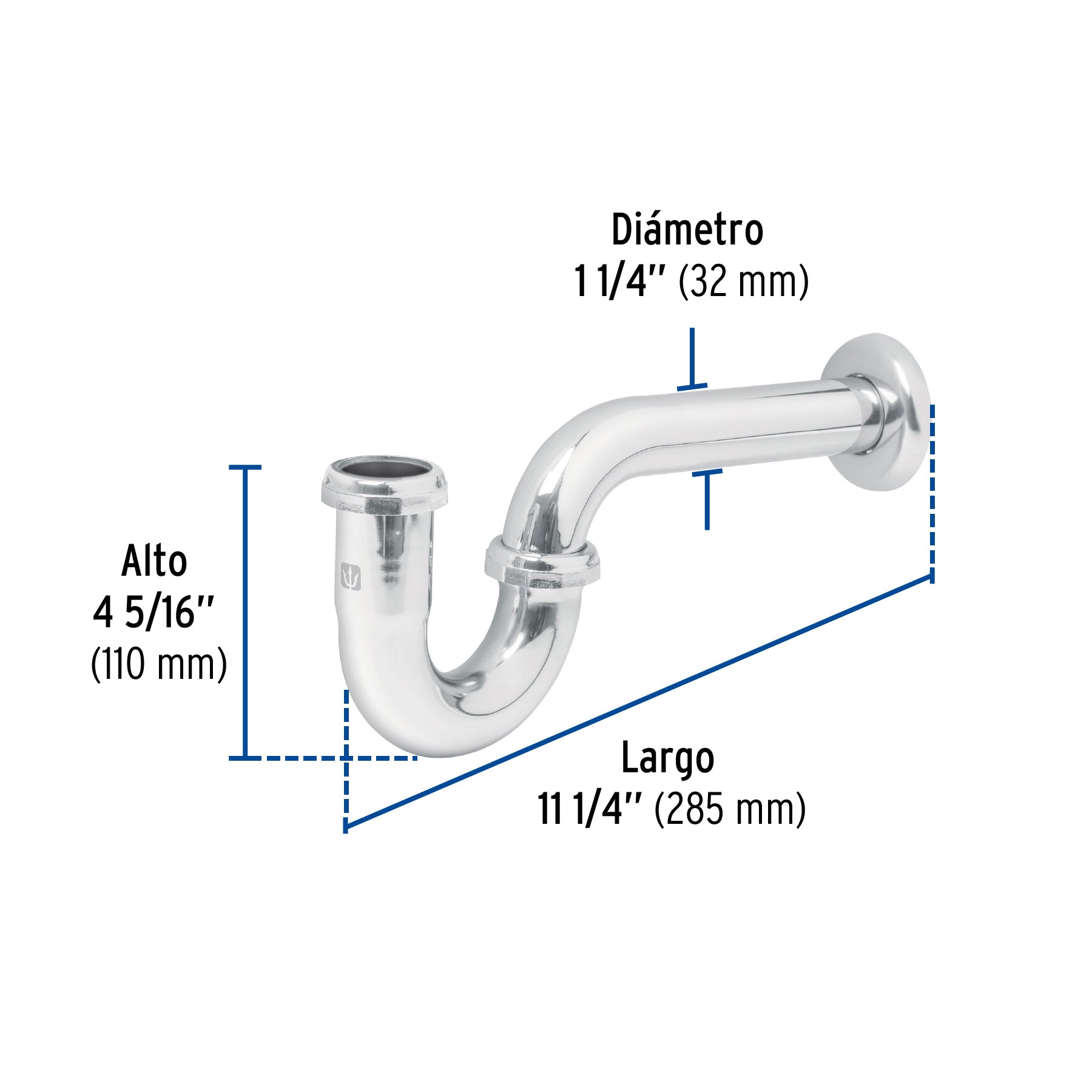Céspol p/lavabo de latón sin contra, cromo, 1-1/4"