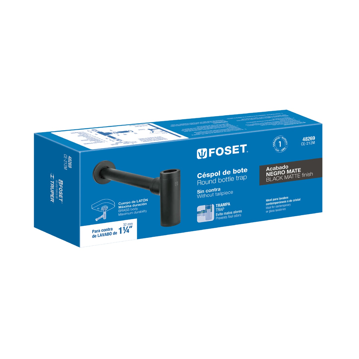 Céspol de bote minimalista 1 1/4', negro, para lavabo, Foset