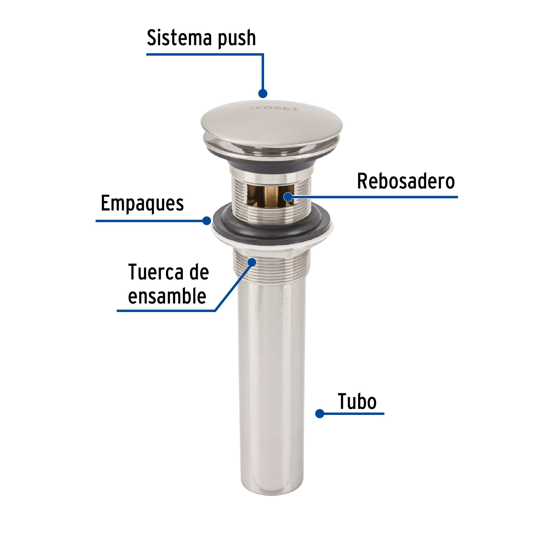 Contra p/lavabo, 1-1/4', con rebosadero, hongo, latón, satín