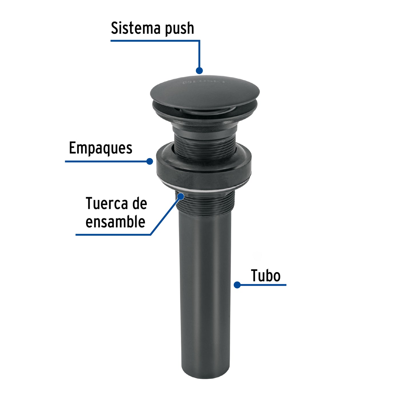 Contra p/lavabo, 1-1/4', sin rebosadero, hongo, latón, negro