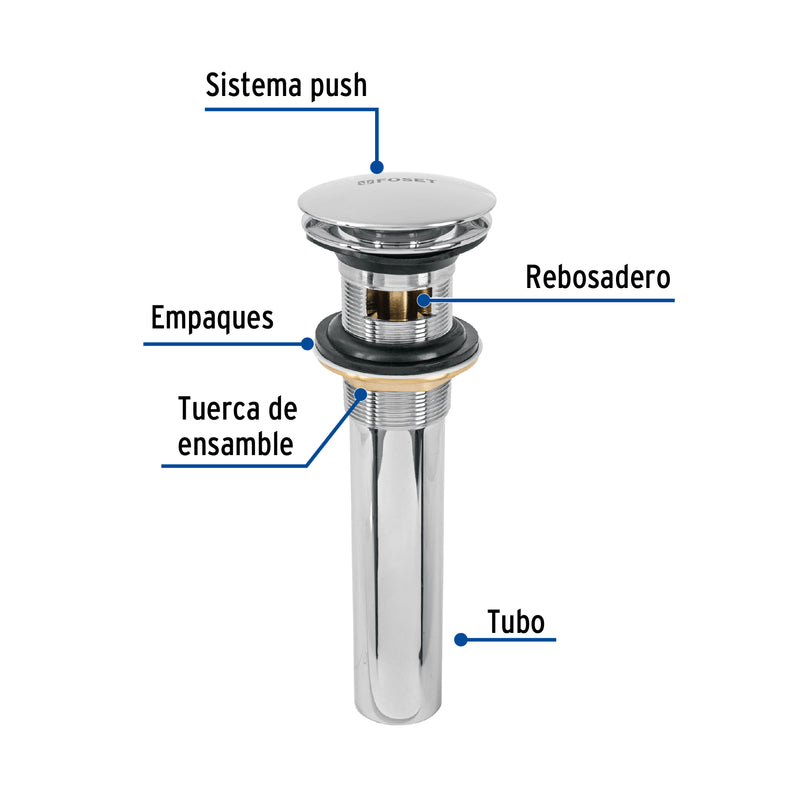 Contra p/lavabo, 1-1/4', con rebosadero, hongo, latón, cromo