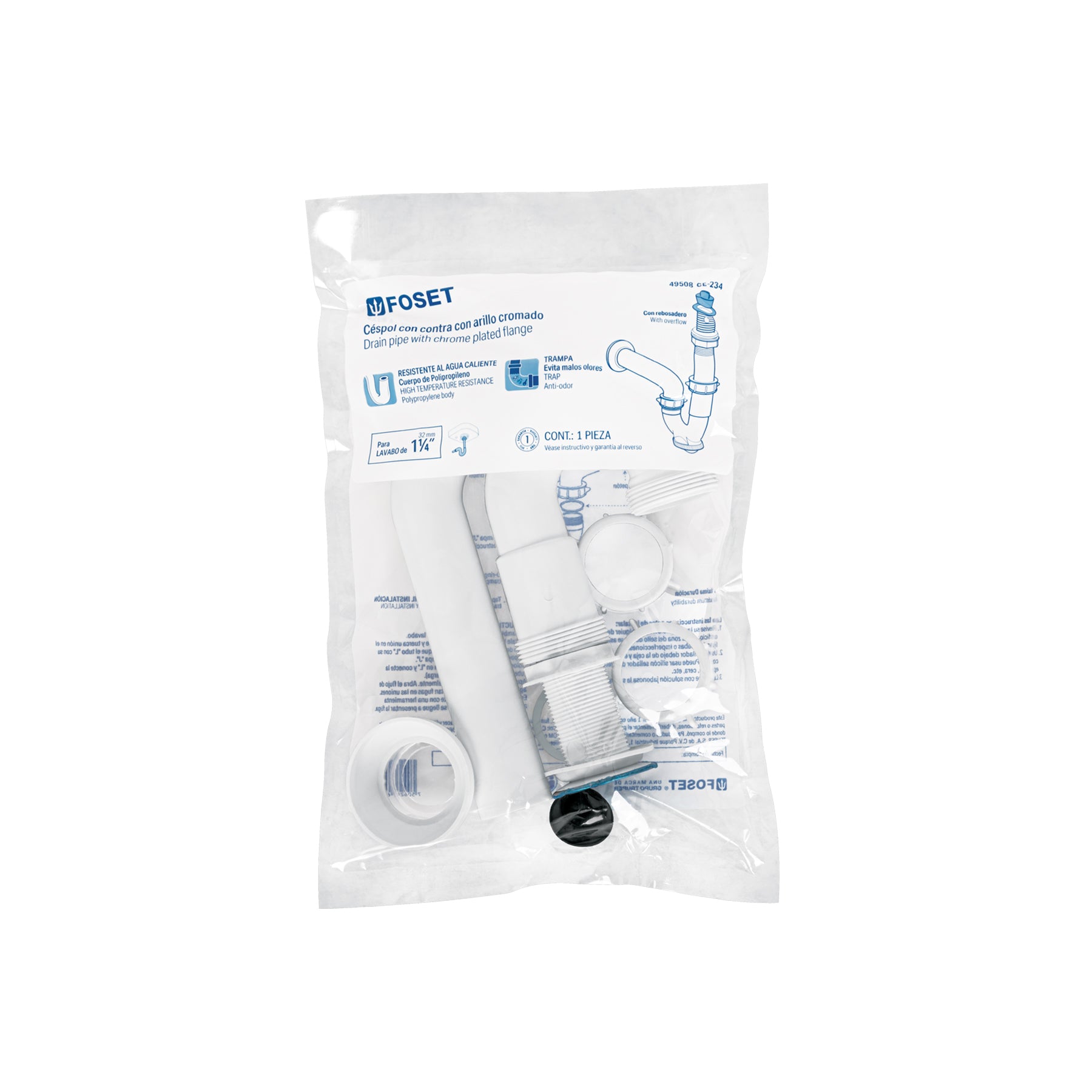 Céspol rígido para lavabo con contra, polipropileno, 1-1/4"