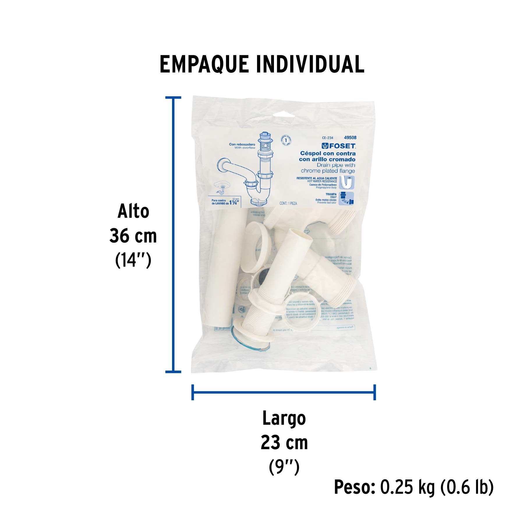 Céspol rígido para lavabo con contra, polipropileno, 1-1/4"