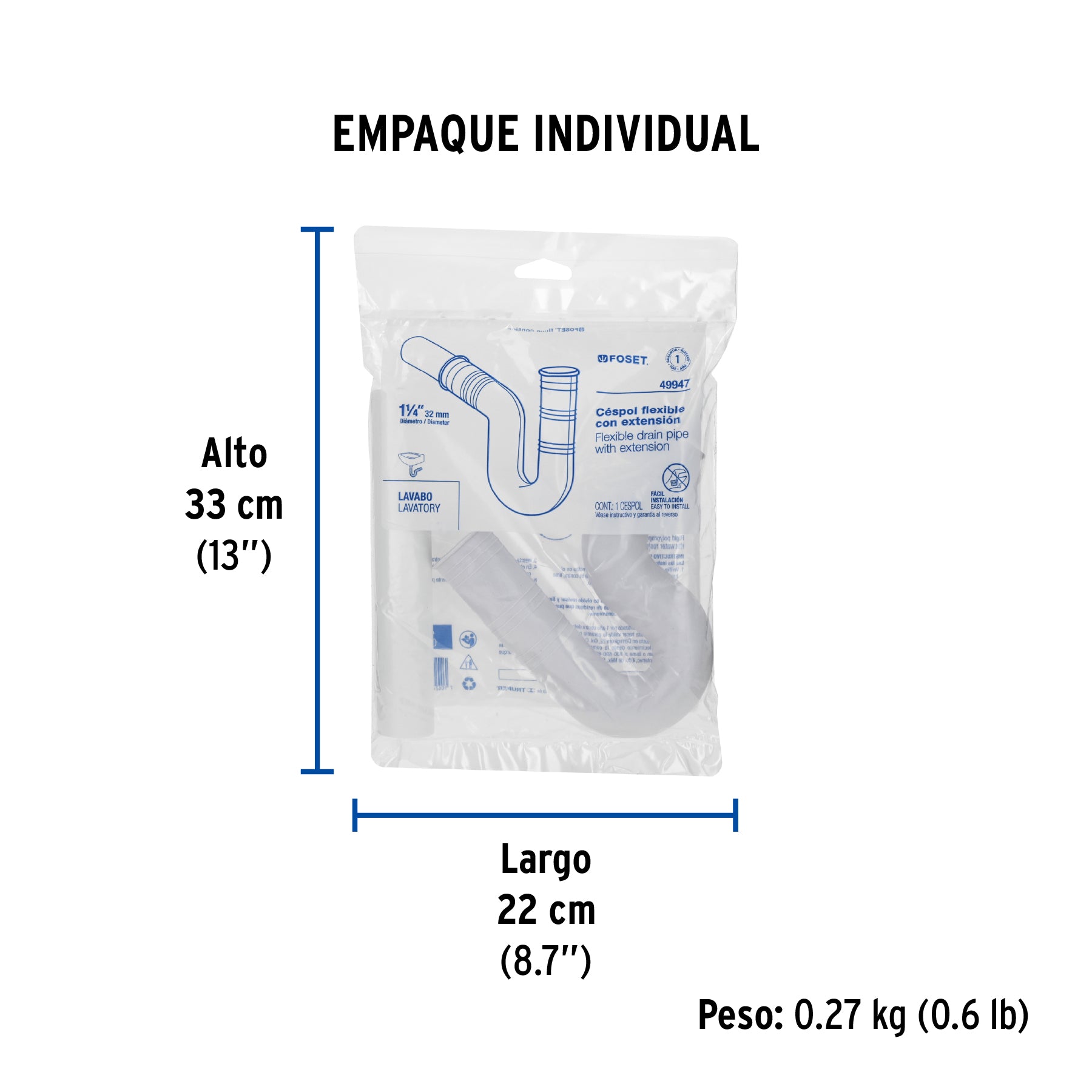 Céspol flexible para lavabo, PVC c/ext 20 cm, 1-1/4"