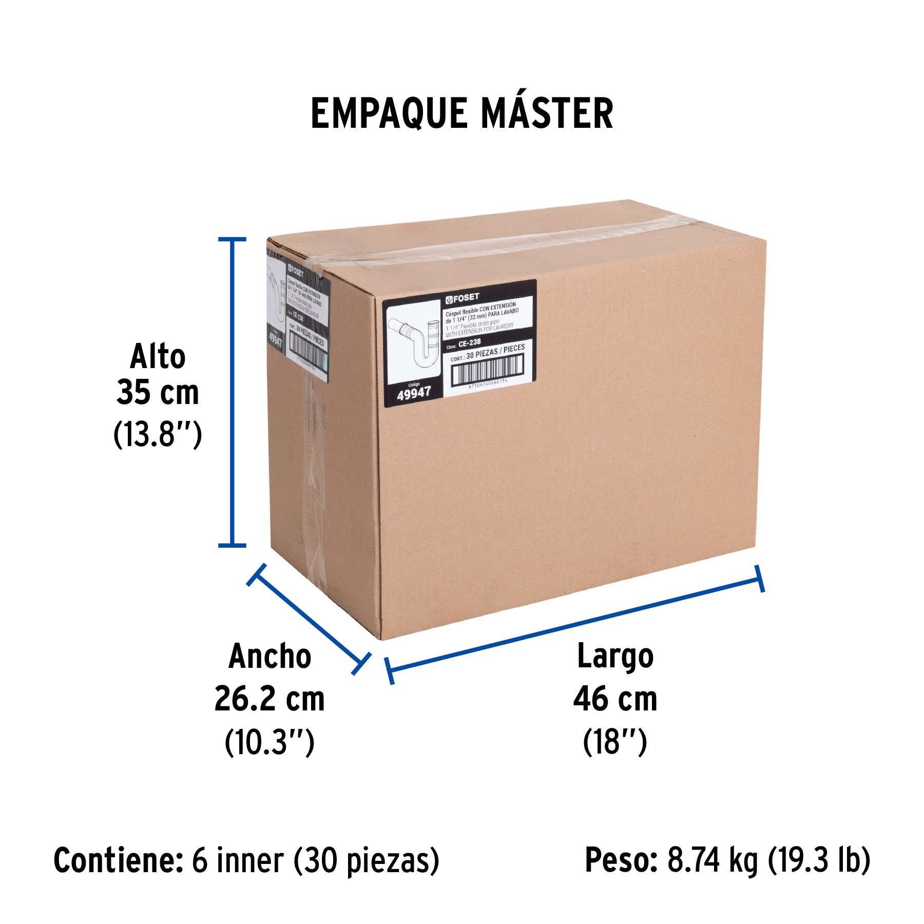 Céspol flexible para lavabo, PVC c/ext 20 cm, 1-1/4"