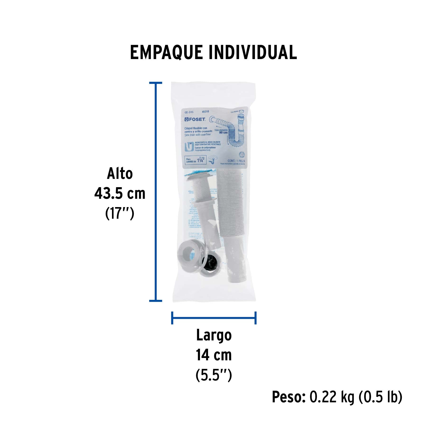 Céspol flexible para lavabo, 90 cm, arillo metálico, Foset