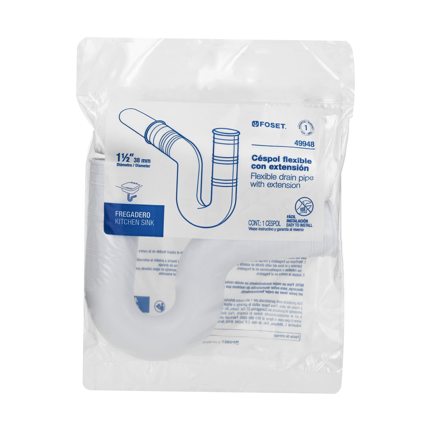 Céspol flexible para fregadero, PVC c/ext 20 cm,1-1/2"