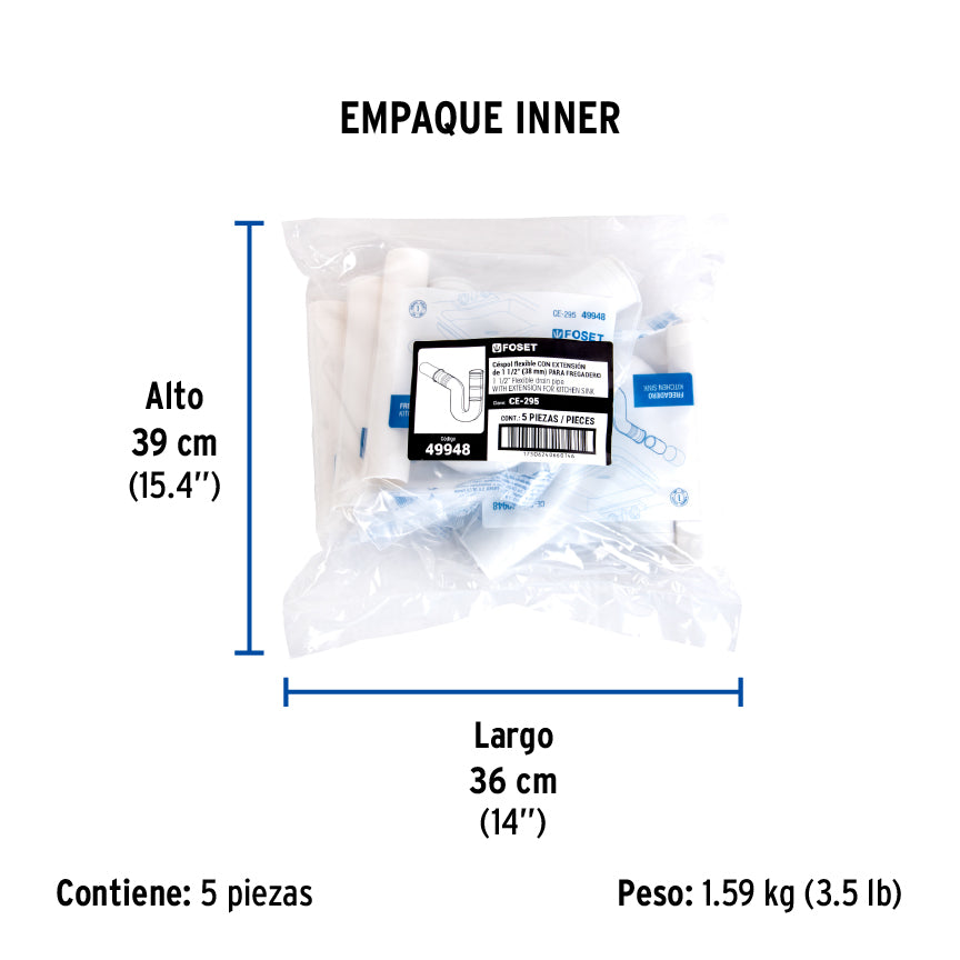Céspol flexible para fregadero, PVC c/ext 20 cm,1-1/2"