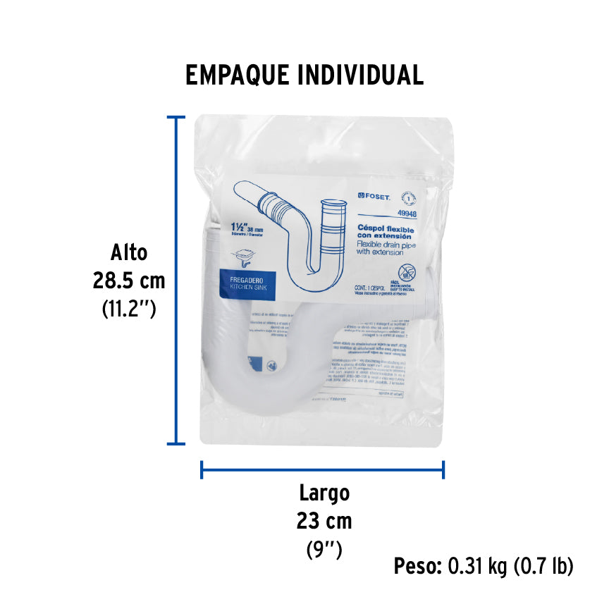 Céspol flexible para fregadero, PVC c/ext 20 cm,1-1/2"