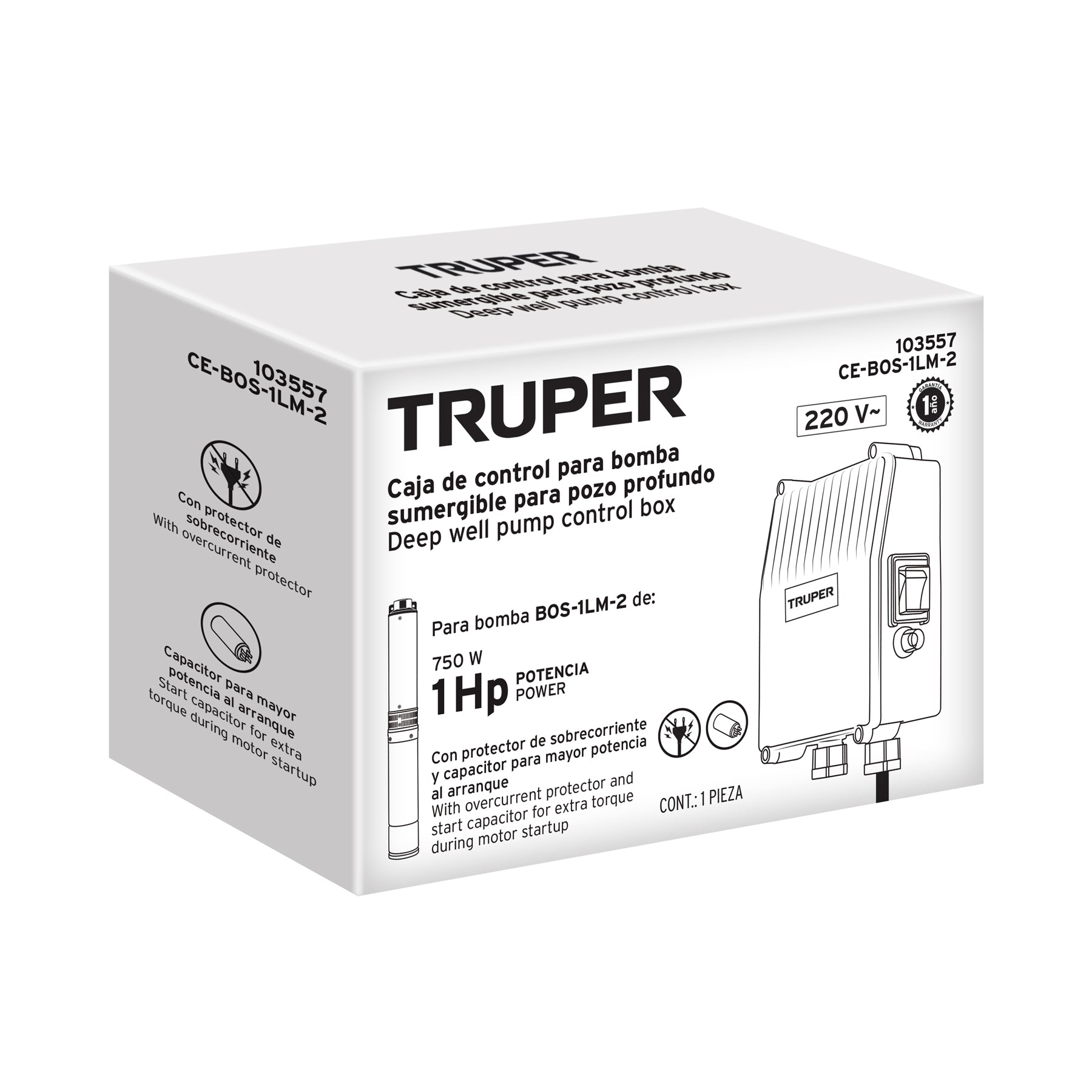 Caja de control p/bomba pozo profundo 1 HP, 220V, Truper