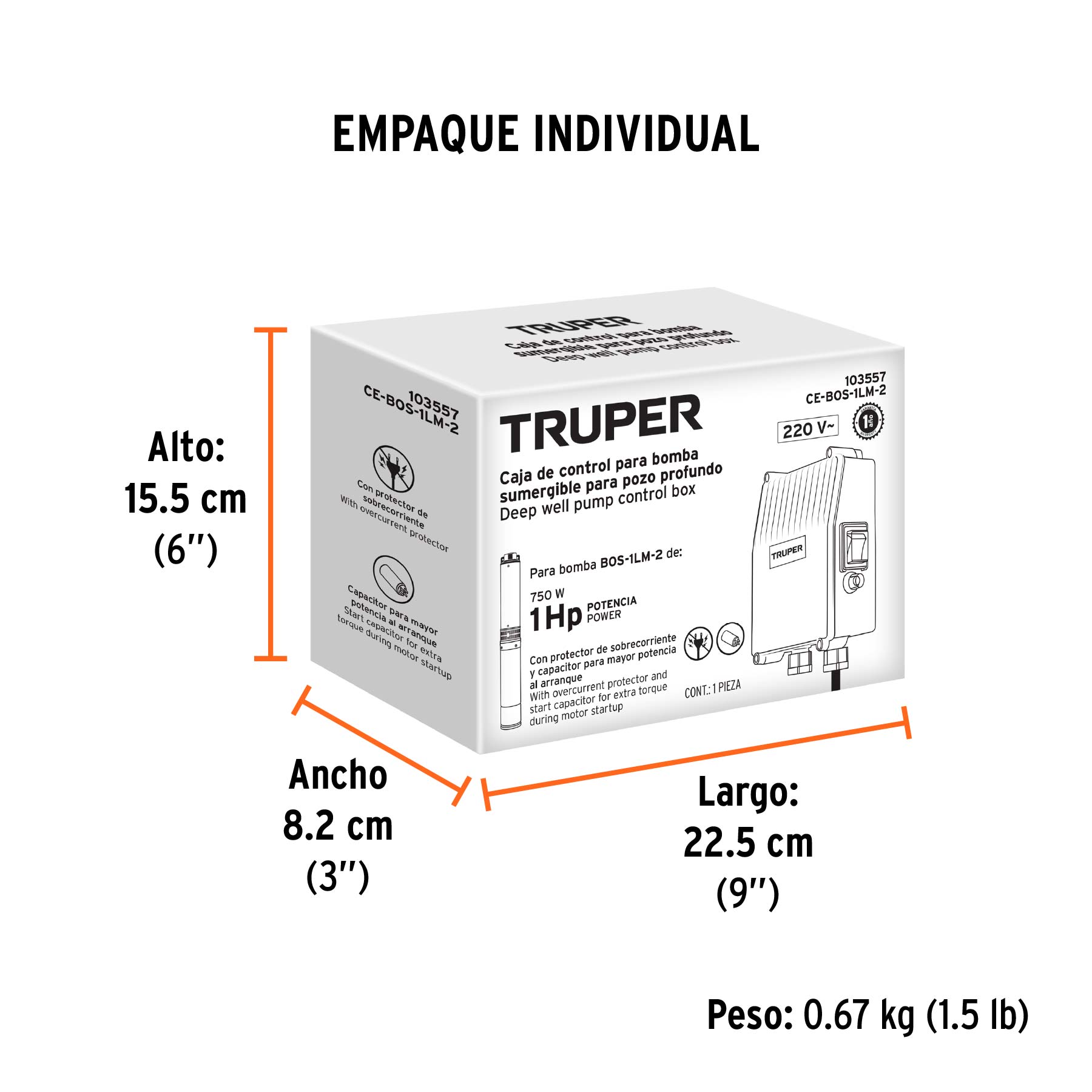 Caja de control p/bomba pozo profundo 1 HP, 220V, Truper