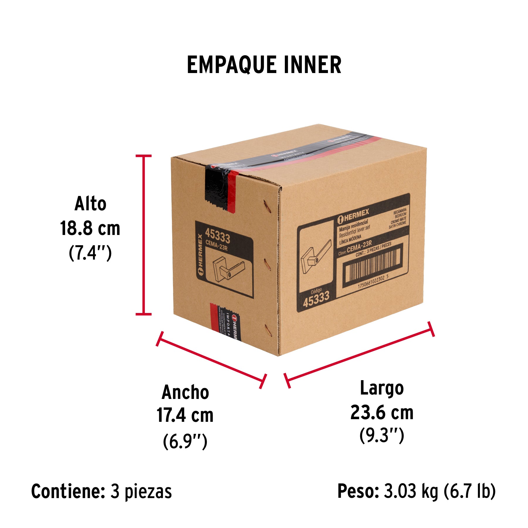 Cerradura manija 'Módena' p/recámara, cromo mate, HERMEX