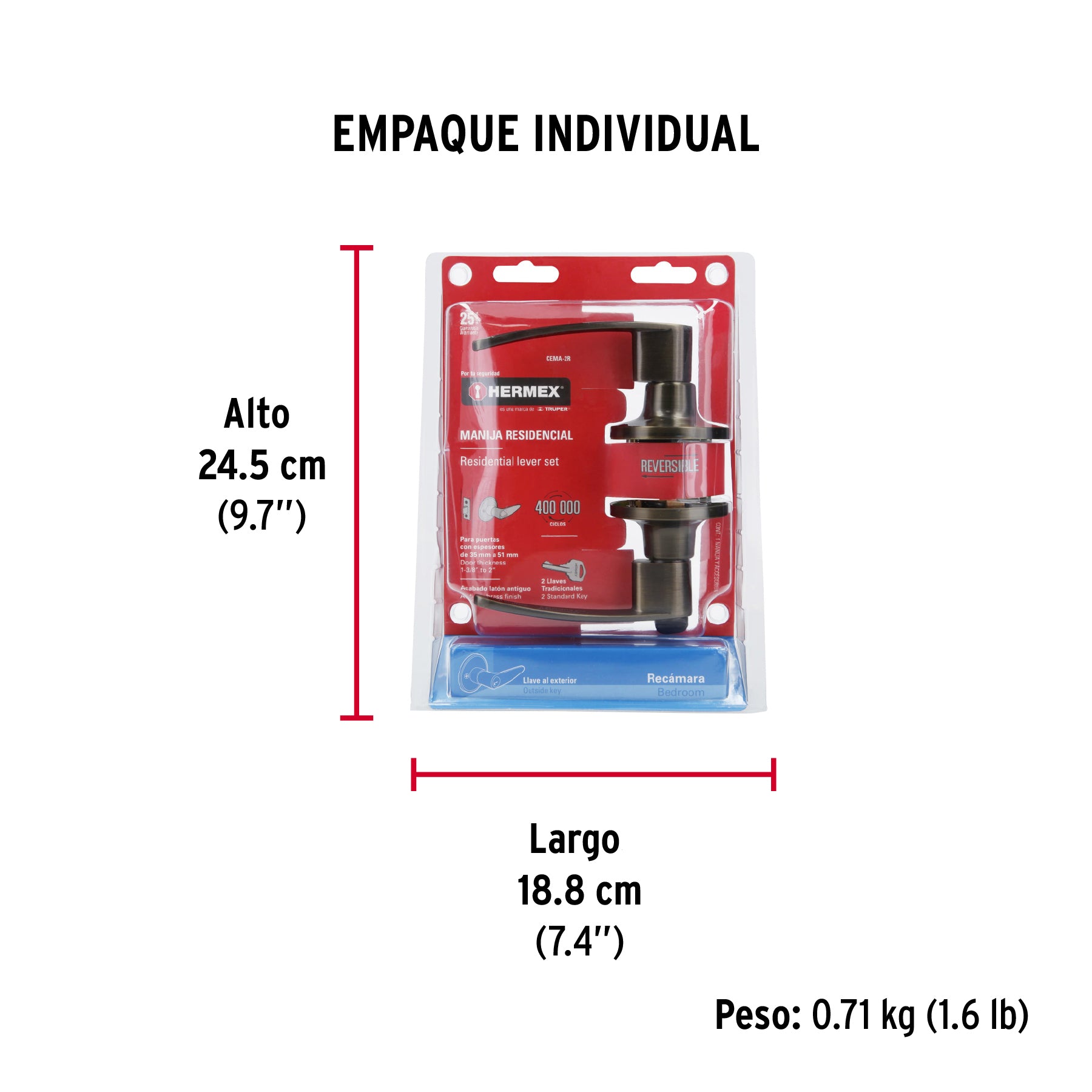 Cerradura manija, cilindro latón, latón antiguo, recámara
