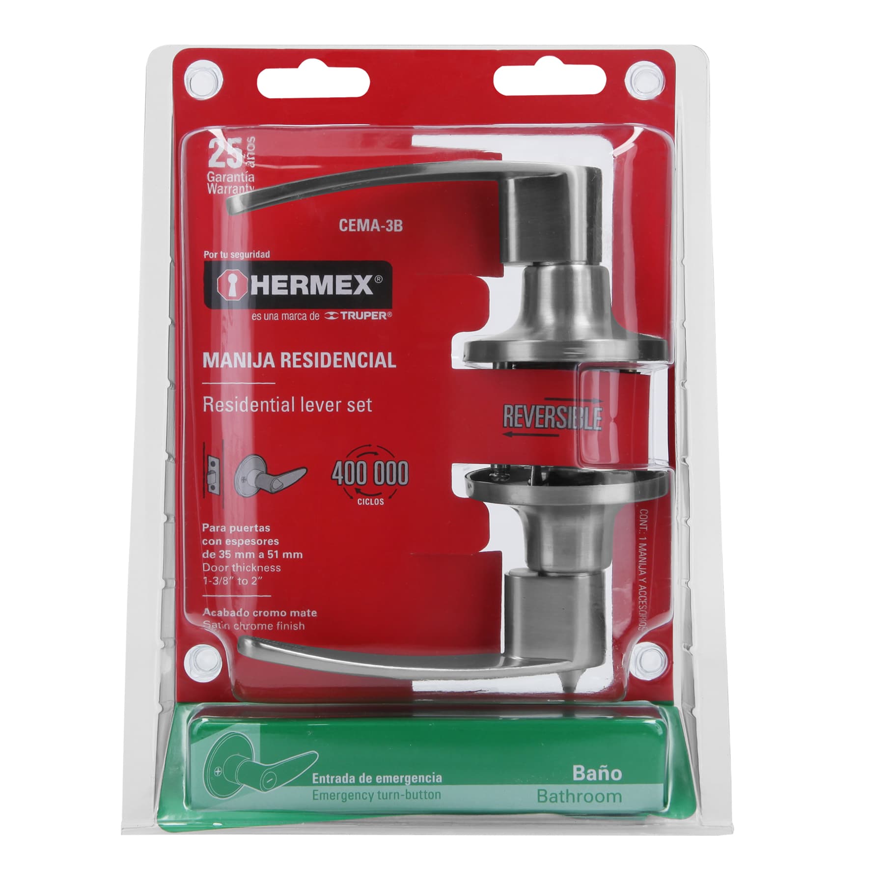 Cerradura manija, cilindro latón, cromo mate, baño