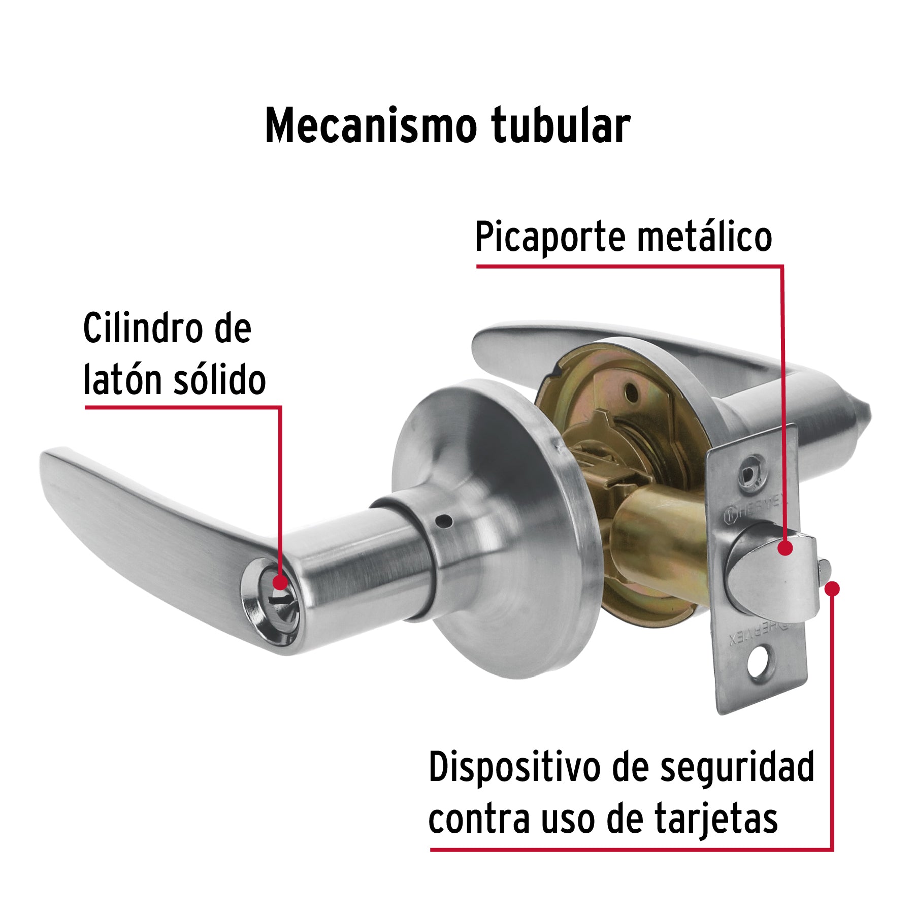Cerradura manija, cilindro latón, cromo mate, recámara