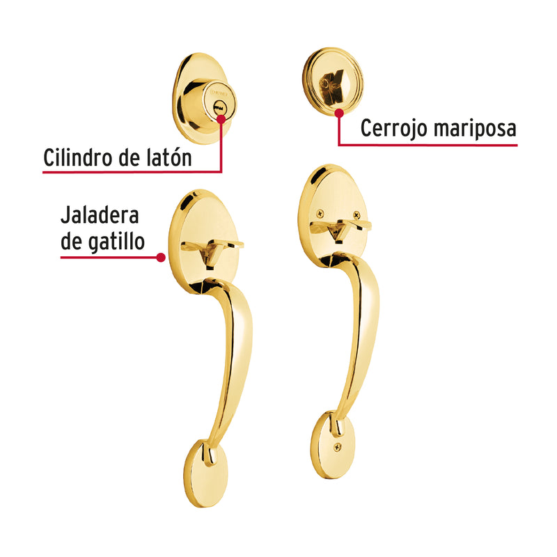 Cerradura entrada, latón brillante, mariposa, jaladera